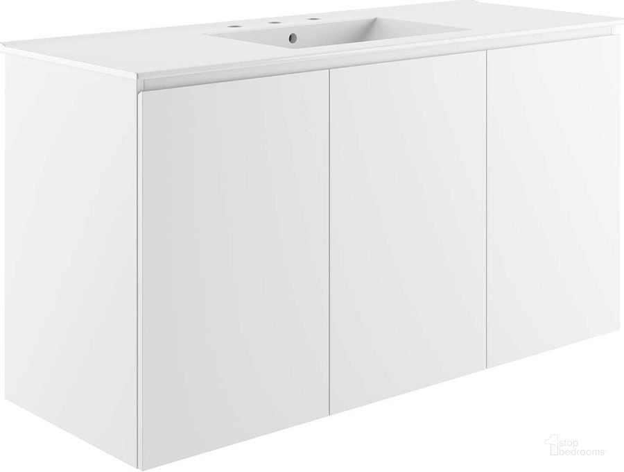 The appearance of Bryn 48 Inch  Wall-Mount Bathroom Vanity In White designed by Modway in the modern / contemporary interior design. This white piece of furniture  was selected by 1StopBedrooms from Bryn Collection to add a touch of cosiness and style into your home. Sku: EEI-5780-WHI-WHI. Material: Ceramic. Product Type: Bathroom Vanity. Image1