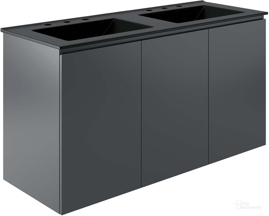 The appearance of Bryn 48 Inch  Wall-Mount Double Sink Bathroom Vanity In Gray Black designed by Modway in the modern / contemporary interior design. This gray black piece of furniture  was selected by 1StopBedrooms from Bryn Collection to add a touch of cosiness and style into your home. Sku: EEI-5781-GRY-BLK. Material: Ceramic. Product Type: Bathroom Vanity. Image1