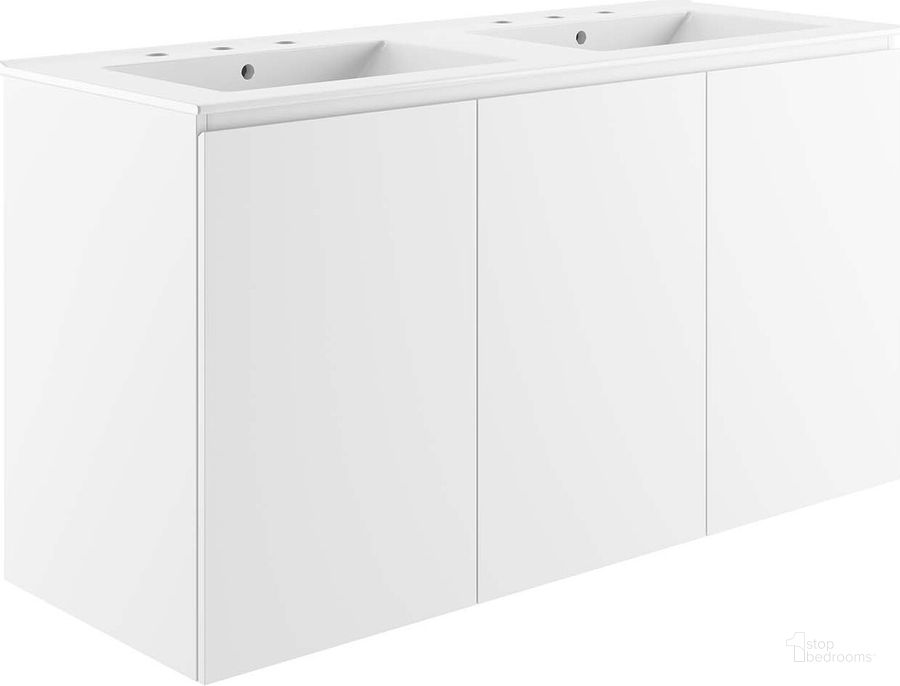 The appearance of Bryn 48 Inch  Wall-Mount Double Sink Bathroom Vanity In White designed by Modway in the modern / contemporary interior design. This white piece of furniture  was selected by 1StopBedrooms from Bryn Collection to add a touch of cosiness and style into your home. Sku: EEI-5781-WHI-WHI. Material: Ceramic. Product Type: Bathroom Vanity. Image1
