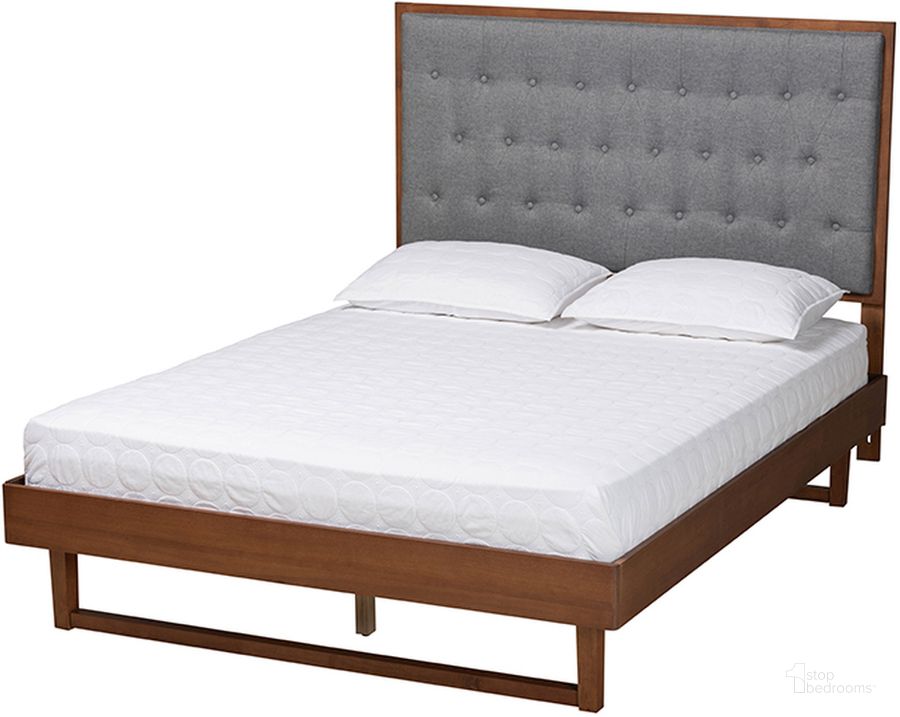 The appearance of Bryn Grey Fabric and Walnut Brown Finished Wood King Platform Bed designed by Baxton Studio in the traditional interior design. This grey and walnut piece of furniture  was selected by 1StopBedrooms from Bryn Collection to add a touch of cosiness and style into your home. Sku: MG9765/94043-King. Bed Type: Platform Bed. Product Type: Platform Bed. Bed Size: King. Material: Rubberwood. Image1