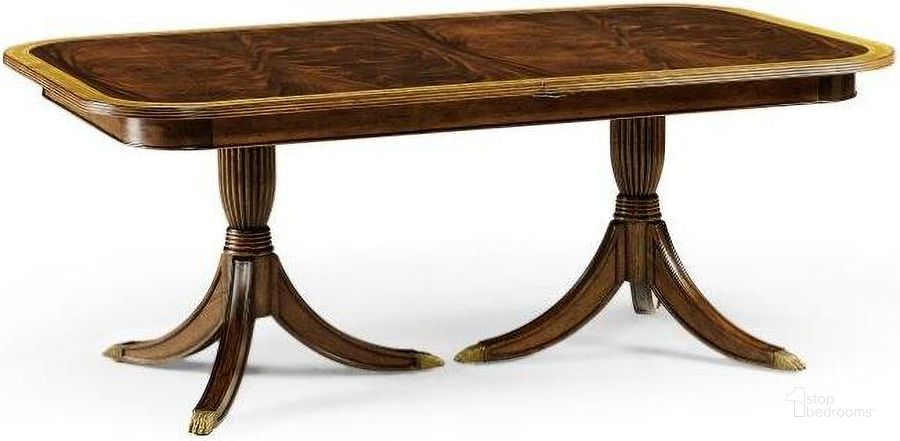 The appearance of Buckingham Regency Crotch Mahogany Single Leaf Extending Dining Table designed by Jonathan Charles in the traditional interior design. This antique piece of furniture  was selected by 1StopBedrooms from Buckingham Collection to add a touch of cosiness and style into your home. Sku: 492266-75L-MAH. Table Base Style: Double Pedestal. Material: Wood. Product Type: Dining Table. Table Top Shape: Rectangular. Image1