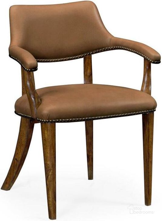 The appearance of Buckingham Walnut Library Armchair With Upholstered In Light Brown Leather designed by Jonathan Charles in the traditional interior design. This medium walnut piece of furniture  was selected by 1StopBedrooms from Buckingham Collection to add a touch of cosiness and style into your home. Sku: 495885-AC-WAL-L028. Material: Wood. Product Type: Arm Chair. Image1