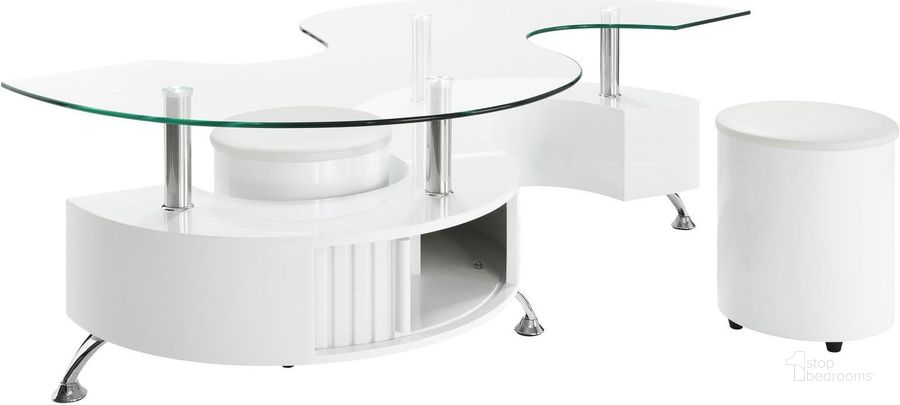 The appearance of Buckley Curved Glass Top Coffee Table with Stools In White High Gloss designed by Coaster in the modern / contemporary interior design. This white high gloss piece of furniture  was selected by 1StopBedrooms from Buckley Collection to add a touch of cosiness and style into your home. Sku: 703400B1;703400B2;703400B3. Material: Wood. Product Type: Coffee Table. Image1