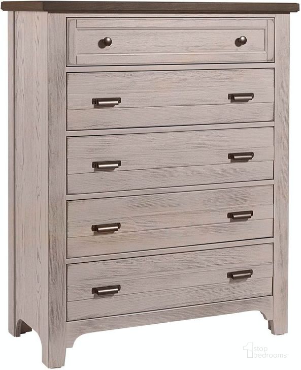 The appearance of Bungalow Dover Grey/Folkstone 5 Drawer Chest designed by Vaughan Bassett in the transitional interior design. This dove gray piece of furniture  was selected by 1StopBedrooms from Bungalow Collection to add a touch of cosiness and style into your home. Sku: 741-115. Product Type: Chest. Image1