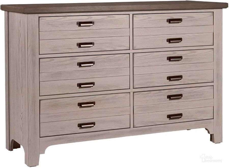 The appearance of Bungalow Dover Grey/Folkstone 6 Drawer Double Dresser designed by Vaughan Bassett in the transitional interior design. This dove gray piece of furniture  was selected by 1StopBedrooms from Bungalow Collection to add a touch of cosiness and style into your home. Sku: 741-001. Product Type: Dresser.