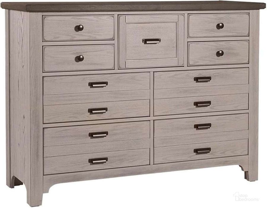 The appearance of Bungalow Dover Grey/Folkstone 9 Drawer Master Dresser designed by Vaughan Bassett in the transitional interior design. This dove gray piece of furniture  was selected by 1StopBedrooms from Bungalow Collection to add a touch of cosiness and style into your home. Sku: 741-002. Product Type: Dresser. Image1