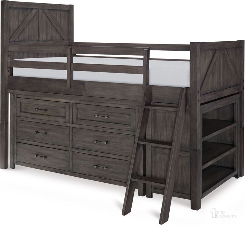 The appearance of Bunkhouse Aged Barnwood Twin Mid Loft Bed designed by Legacy Classic Kids in the transitional interior design. This brown piece of furniture  was selected by 1StopBedrooms from Bunkhouse Collection to add a touch of cosiness and style into your home. Sku: N8830-8333;N8830-8320;N8830-8340. Bed Size: Twin. Product Type: Kids Loft and Bunk Bed. Bed Type: Loft Bed. Image1