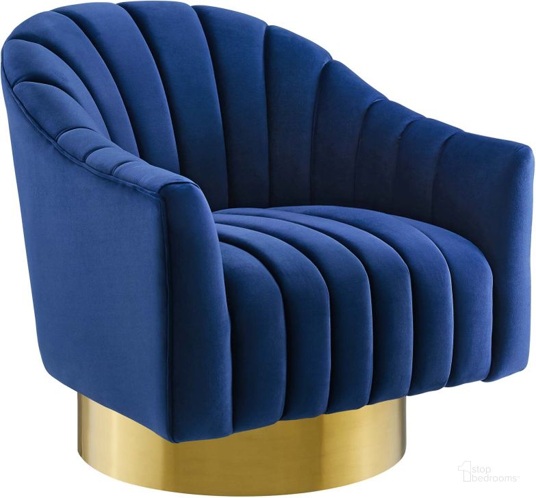 The appearance of Buoyant Navy Vertical Channel Tufted Accent Lounge Performance Velvet Swivel Chair designed by Modway in the modern / contemporary interior design. This navy piece of furniture  was selected by 1StopBedrooms from Buoyant Collection to add a touch of cosiness and style into your home. Sku: EEI-3459-NAV. Material: Wood. Product Type: Swivel Chair. Image1