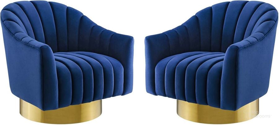 The appearance of Buoyant Swivel Chair Performance Velvet Set of 2 EEI-4430-NAV designed by Modway in the modern / contemporary interior design. This navy piece of furniture  was selected by 1StopBedrooms from Buoyant Collection to add a touch of cosiness and style into your home. Sku: EEI-4430-NAV. Material: Wood. Product Type: Swivel Chair. Image1