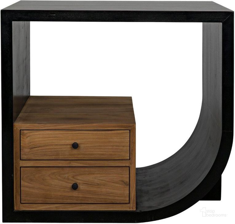 The appearance of Burton Right Side Table In Hand Rubbed Black And Teak designed by Noir in the transitional interior design. This black piece of furniture  was selected by 1StopBedrooms from Burton Collection to add a touch of cosiness and style into your home. Sku: GTAB848HB-R. Product Type: Side Table. Material: Wood Veneer. Image1
