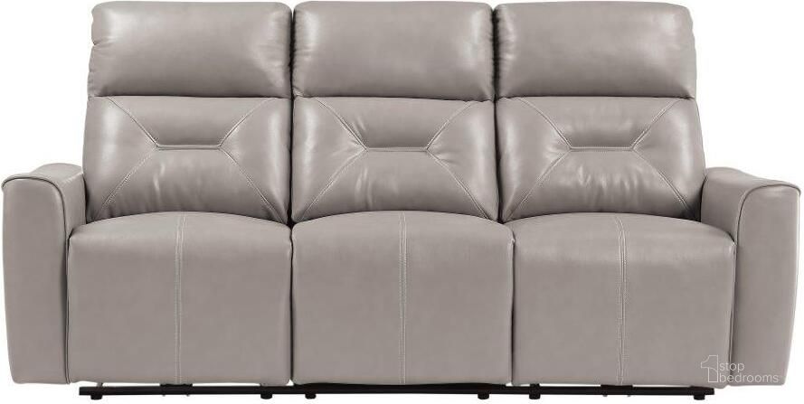 The appearance of Burwell Light Gray Double Power Reclining Sofa designed by Homelegance in the modern / contemporary interior design. This gray piece of furniture  was selected by 1StopBedrooms from Burwell Collection to add a touch of cosiness and style into your home. Sku: 9446CB-3PW. Material: Faux Leather. Product Type: Reclining Sofa. Image1