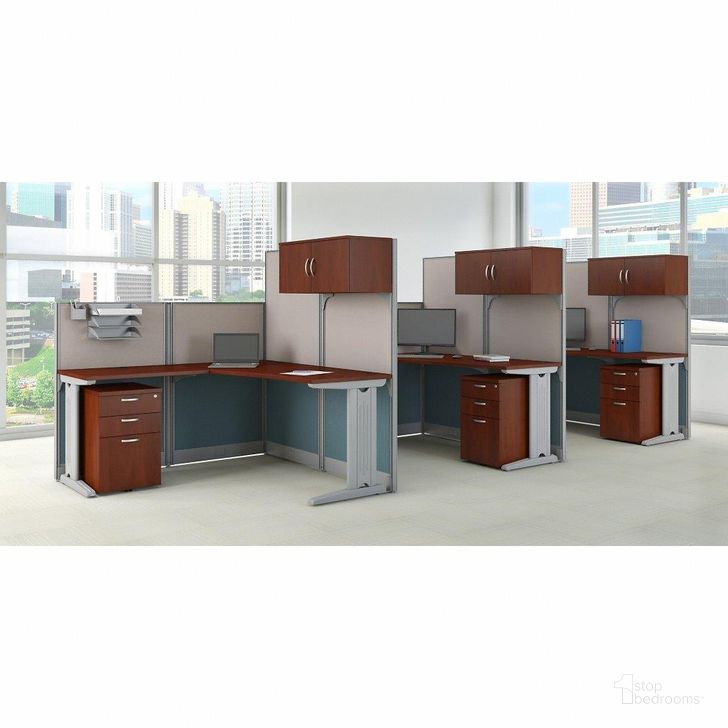 The appearance of Bush Business Furniture Office in An Hour 3 Person L Shaped Cubicle Workstations in Hansen Cherry designed by Bush Furniture in the transitional interior design. This hansen cherry piece of furniture  was selected by 1StopBedrooms from Office In An Hour Collection to add a touch of cosiness and style into your home. Sku: OIAH006HC. Product Type: Work Station. Image1