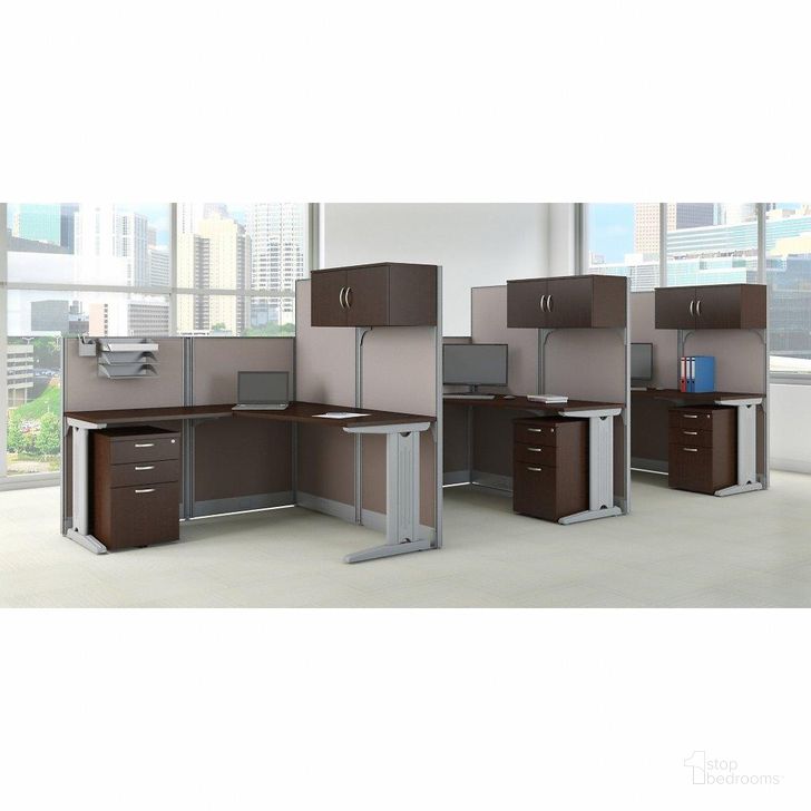 The appearance of Bush Business Furniture Office in An Hour 3 Person L Shaped Cubicle Workstations in Mocha Cherry designed by Bush Furniture in the transitional interior design. This mocha cherry piece of furniture  was selected by 1StopBedrooms from Office In An Hour Collection to add a touch of cosiness and style into your home. Sku: OIAH006MR. Product Type: Work Station. Image1