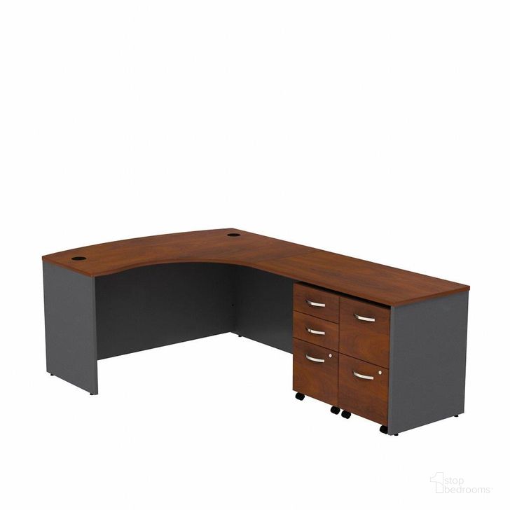The appearance of Bush Business Furniture Series C 60W Bowfront Rh L-Desk, 2-Drawer Mobile Pedestal and 3-Drawer Mobile Pedestal Src034Hcrsu designed by Bush Furniture in the transitional interior design. This hansen cherry piece of furniture  was selected by 1StopBedrooms from Series C Collection to add a touch of cosiness and style into your home. Sku: SRC034HCRSU. Product Type: Desk. Image1