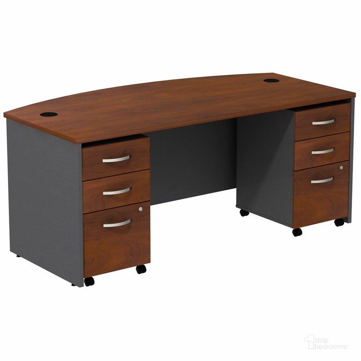 The appearance of Bush Business Furniture Series C 72W Bowfront Shell Desk with (2) 3-Drawer Mobile Pedestals Src013Hcsu designed by Bush Furniture in the modern / contemporary interior design. This hansen cherry piece of furniture  was selected by 1StopBedrooms from Series C Collection to add a touch of cosiness and style into your home. Sku: SRC013HCSU. Product Type: Desk. Image1