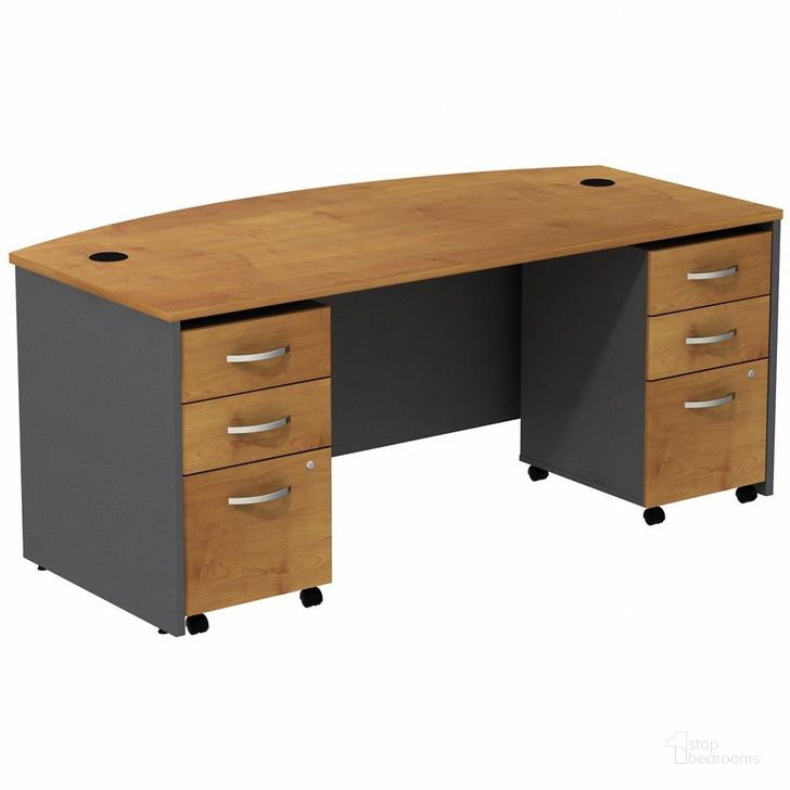 The appearance of Bush Business Furniture Series C 72W Bowfront Shell Desk with (2) 3-Drawer Mobile Pedestals Src013Ncsu designed by Bush Furniture in the transitional interior design. This natural cherry piece of furniture  was selected by 1StopBedrooms from Series C Collection to add a touch of cosiness and style into your home. Sku: SRC013NCSU. Product Type: Desk. Image1