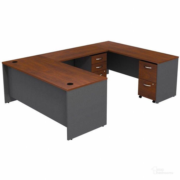 The appearance of Bush Business Furniture Series C 72W U-Station with 2-Drawer Mobile Pedestal and 3-Drawer Mobile Pedestal Src047Hcsu designed by Bush Furniture in the transitional interior design. This hansen cherry piece of furniture  was selected by 1StopBedrooms from Series C Collection to add a touch of cosiness and style into your home. Sku: SRC047HCSU. Product Type: Desk. Image1