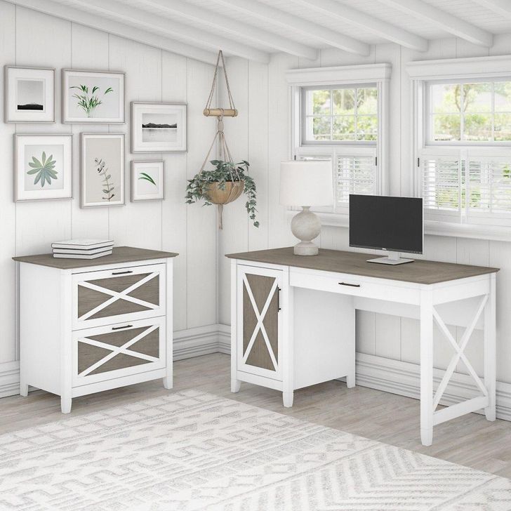 The appearance of Bush Furniture Key West 54W Computer Desk With Storage And 2 Drawer Lateral File Cabinet In Pure White And Shiplap Gray designed by Bush Furniture in the country / farmhouse interior design. This white and gray piece of furniture  was selected by 1StopBedrooms from Key West Collection to add a touch of cosiness and style into your home. Sku: KWS008G2W. Product Type: Home Office Desk. Image1