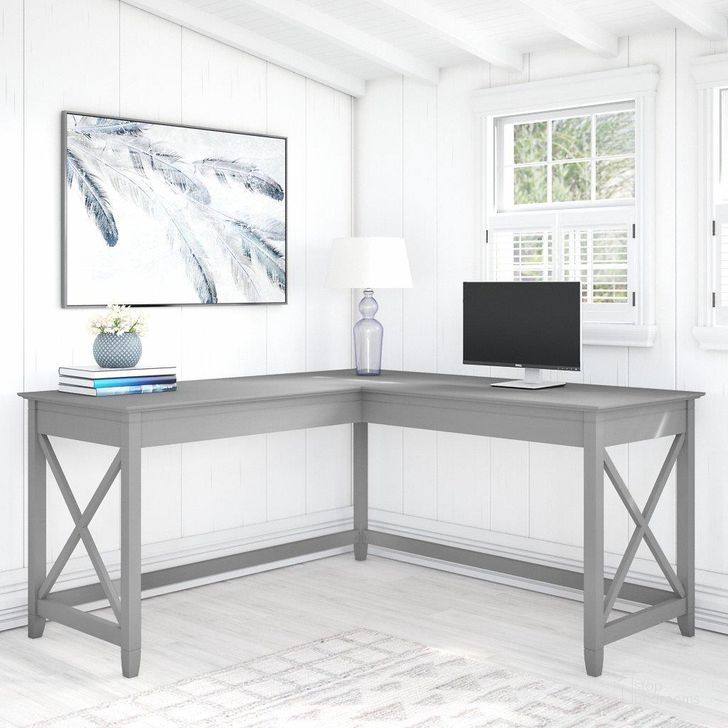 The appearance of Bush Furniture Key West 60W L Shaped Desk In Cape Cod Gray designed by Bush Furniture in the country / farmhouse interior design. This gray piece of furniture  was selected by 1StopBedrooms from Key West Collection to add a touch of cosiness and style into your home. Sku: KWD160CG-03. Product Type: Desk. Image1