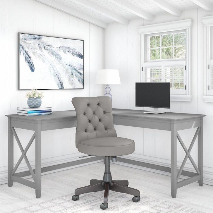 The appearance of Bush Furniture Key West 60W L Shaped Desk with Mid Back Tufted Office Chair in Cape Cod Gray designed by Bush Furniture in the country / farmhouse interior design. This gray piece of furniture  was selected by 1StopBedrooms from Key West Collection to add a touch of cosiness and style into your home. Sku: KWS045CG. Material: Wood. Product Type: Home Office Set. Image1