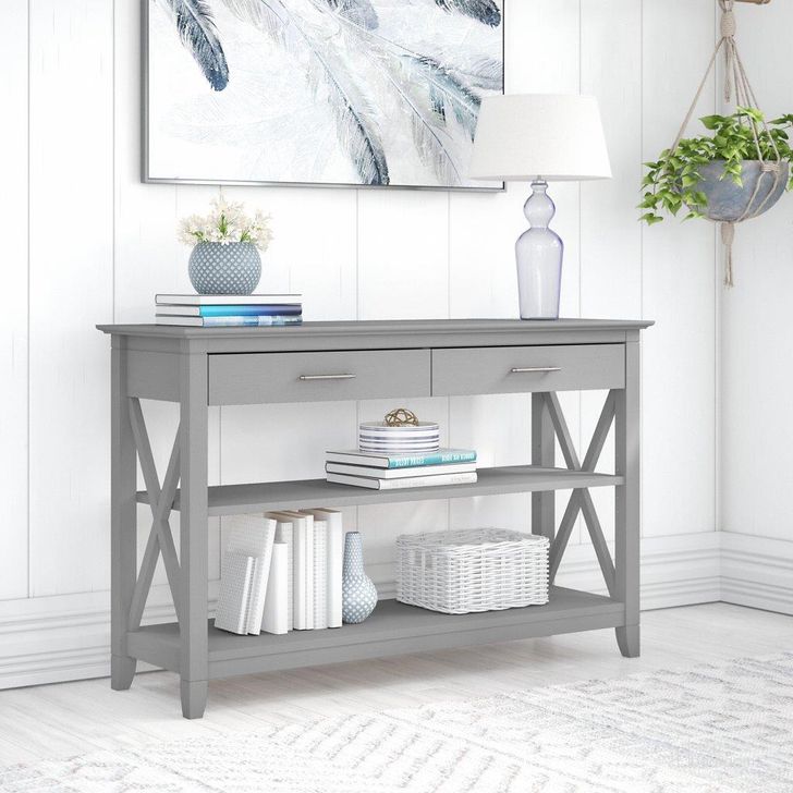 The appearance of Bush Furniture Key West Console Table With Drawers And Shelves In Cape Cod Gray designed by Bush Furniture in the country / farmhouse interior design. This gray piece of furniture  was selected by 1StopBedrooms from Key West Collection to add a touch of cosiness and style into your home. Sku: KWT248CG-03. Product Type: Console Table. Image1