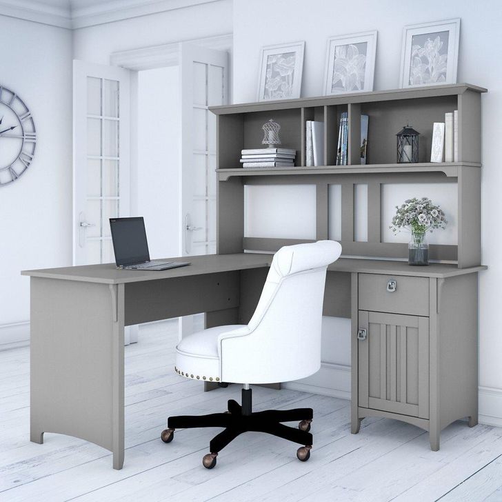 The appearance of Bush Furniture Salinas 60W L Shaped Desk with Hutch in Cape Cod Gray designed by Bush Furniture in the country / farmhouse interior design. This gray piece of furniture  was selected by 1StopBedrooms from Salinas Collection to add a touch of cosiness and style into your home. Sku: SAL004CG. Product Type: Desk & Hutch. Image1