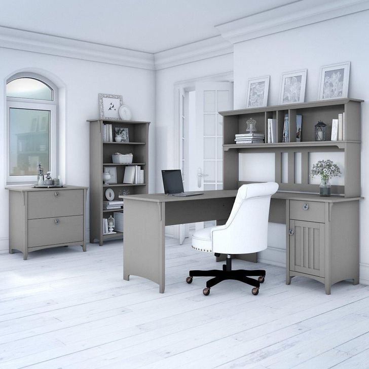 The appearance of Bush Furniture Salinas 60W L Shaped Desk with Hutch, Lateral File Cabinet and 5 Shelf Bookcase in Cape Cod Gray designed by Bush Furniture in the country / farmhouse interior design. This gray piece of furniture  was selected by 1StopBedrooms from Salinas Collection to add a touch of cosiness and style into your home. Sku: SAL007CG. Product Type: Desk & Hutch. Image1