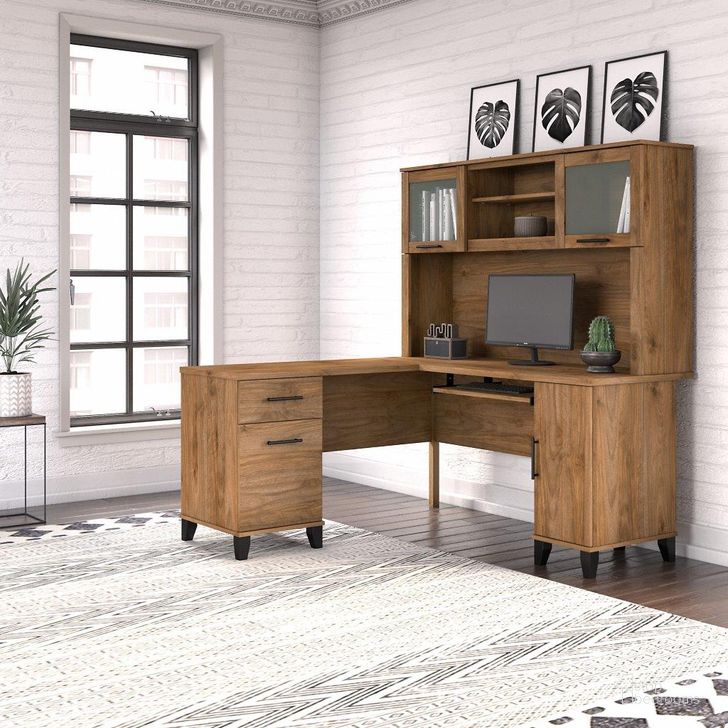 The appearance of Bush Furniture Somerset 60W L Shaped Desk with Hutch in Fresh Walnut designed by Bush Furniture in the modern / contemporary interior design. This fresh walnut piece of furniture  was selected by 1StopBedrooms from Somerset Collection to add a touch of cosiness and style into your home. Sku: SET002FW. Product Type: Desk & Hutch. Image1