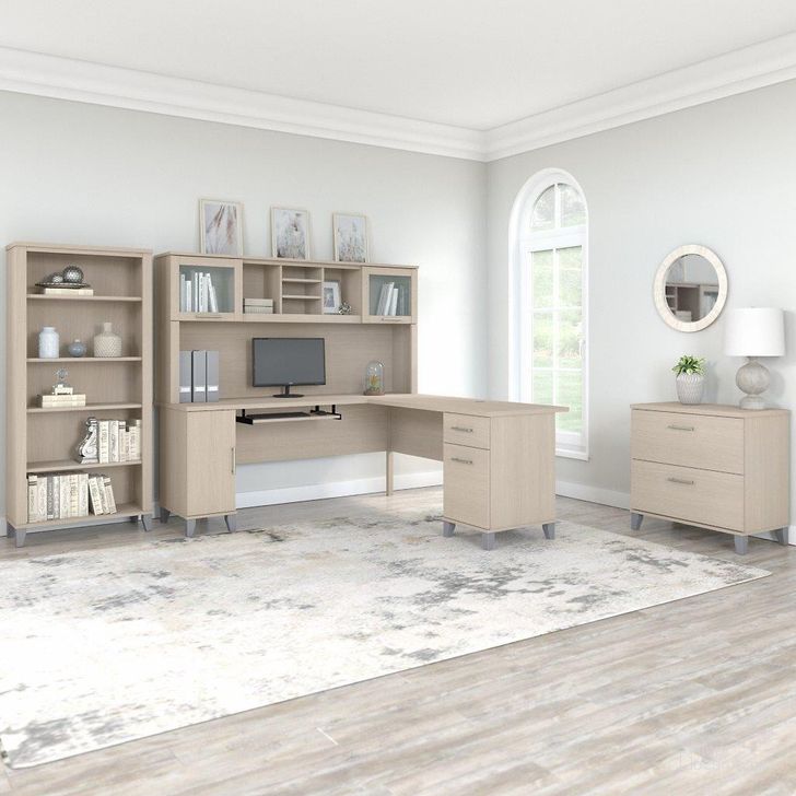 The appearance of Bush Furniture Somerset 72W L Shaped Desk with Hutch, Lateral File Cabinet and Bookcase in Sand Oak designed by Bush Furniture in the modern / contemporary interior design. This sand oak piece of furniture  was selected by 1StopBedrooms from Somerset Collection to add a touch of cosiness and style into your home. Sku: SET012SO. Product Type: Desk & Hutch. Image1