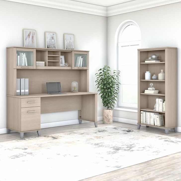 The appearance of Bush Furniture Somerset 72W Office Desk with Hutch and 5 Shelf Bookcase in Sand Oak designed by Bush Furniture in the modern / contemporary interior design. This sand oak piece of furniture  was selected by 1StopBedrooms from Somerset Collection to add a touch of cosiness and style into your home. Sku: SET020SO. Product Type: Desk & Hutch. Image1