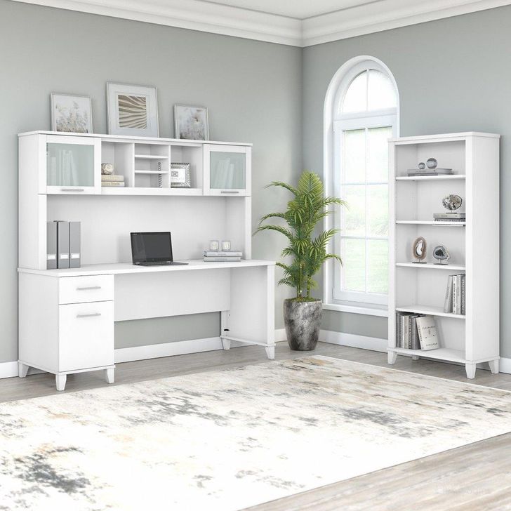 The appearance of Bush Furniture Somerset 72W Office Desk with Hutch and 5 Shelf Bookcase in White designed by Bush Furniture in the modern / contemporary interior design. This white piece of furniture  was selected by 1StopBedrooms from Somerset Collection to add a touch of cosiness and style into your home. Sku: SET020WH. Product Type: Desk & Hutch. Image1