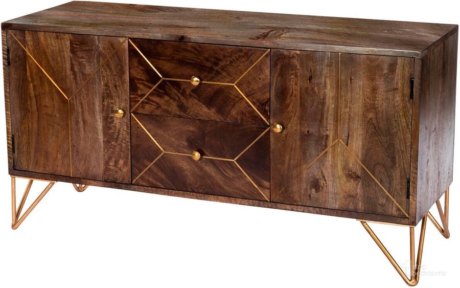 The appearance of Butler Alda Wood and Brass Metal Inlay Entertainment Console designed by Butler Specialty Company in the modern / contemporary interior design. This medium brown piece of furniture  was selected by 1StopBedrooms from Designer's Edge Collection to add a touch of cosiness and style into your home. Sku: 5478140. Material: Wood. Product Type: Entertainment Console. Image1