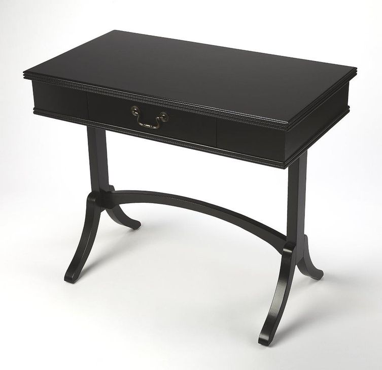 The appearance of Butler Alta Black Writing Desk designed by Butler Specialty Company in the transitional interior design. This black piece of furniture  was selected by 1StopBedrooms from Masterpiece Collection to add a touch of cosiness and style into your home. Sku: 4456295. Product Type: Writing Desk. Material: Pine. Image1
