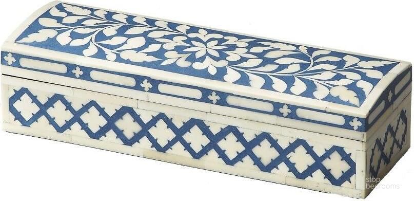 The appearance of Butler Amanda Blue Bone Inlay Storage Box designed by Butler Specialty Company in the traditional interior design. This blue piece of furniture  was selected by 1StopBedrooms from Hors D'oeuvres Collection to add a touch of cosiness and style into your home. Sku: 3232016. Material: Wood. Product Type: Decor. Image1