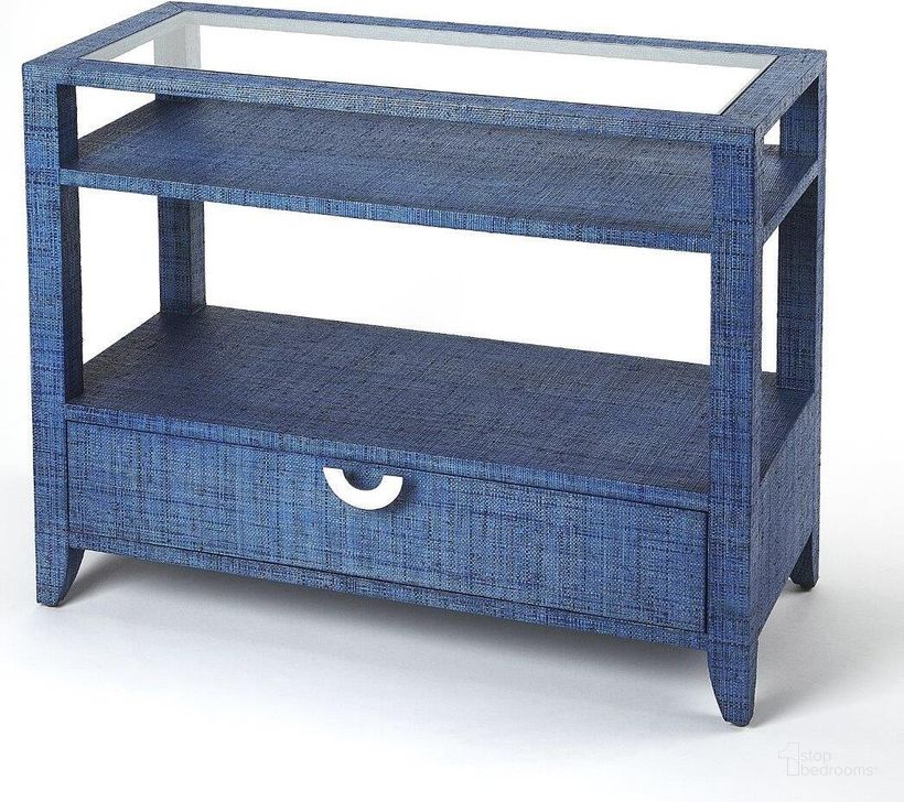 The appearance of Butler Amelle Blue Raffia Console Table designed by Butler Specialty Company in the modern / contemporary interior design. This blue piece of furniture  was selected by 1StopBedrooms from Loft Collection to add a touch of cosiness and style into your home. Sku: 4358361. Product Type: Console Table. Material: Plywood. Image1