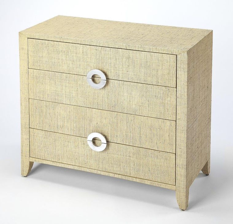 The appearance of Butler Amelle Cream Raffia 4 Drawer Accent Chest designed by Butler Specialty Company in the modern / contemporary interior design. This beige piece of furniture  was selected by 1StopBedrooms from Loft Collection to add a touch of cosiness and style into your home. Sku: 4483349. Product Type: Accent Chest. Material: Plywood. Image1