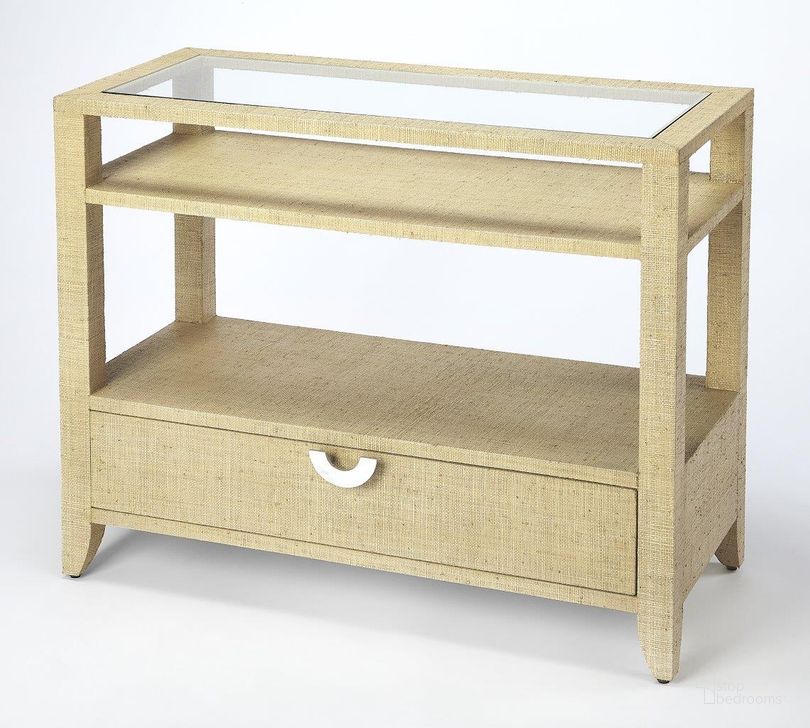 The appearance of Butler Amelle Cream Raffia Console Table designed by Butler Specialty Company in the modern / contemporary interior design. This beige piece of furniture  was selected by 1StopBedrooms from Loft Collection to add a touch of cosiness and style into your home. Sku: 4358349. Product Type: Console Table. Material: Plywood. Image1
