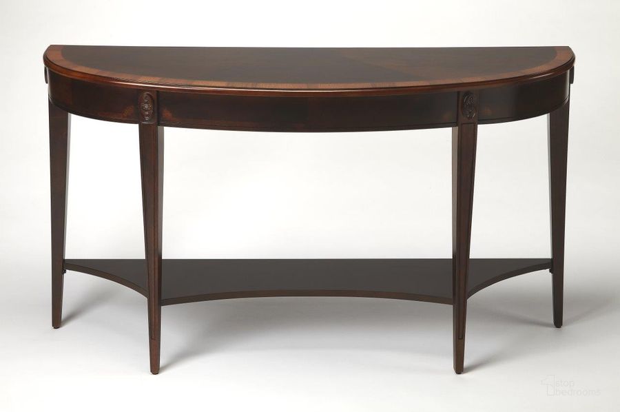 The appearance of Butler Astor Cherry Nouveau Demilune Console Table designed by Butler Specialty Company in the traditional interior design. This dark brown piece of furniture  was selected by 1StopBedrooms from Masterpiece Collection to add a touch of cosiness and style into your home. Sku: 4146211. Product Type: Console Table. Material: Rubberwood. Image1