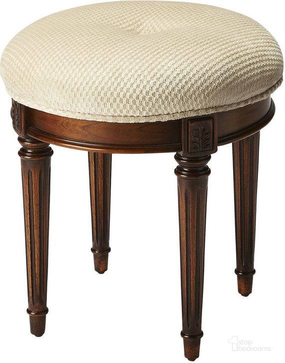 The appearance of Bernadette Upholstered 18 Inch W Vanity Stool In Medium Brown designed by Butler Specialty Company in the transitional interior design. This medium brown piece of furniture  was selected by 1StopBedrooms from Bernadette Collection to add a touch of cosiness and style into your home. Sku: 1250101. Product Type: Ottoman. Material: Rubberwood. Image1