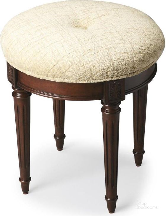 The appearance of Butler Bernadette Plantation Cherry Vanity Stool designed by Butler Specialty Company in the transitional interior design. This dark brown piece of furniture  was selected by 1StopBedrooms from Plantation Collection to add a touch of cosiness and style into your home. Sku: 1250024. Product Type: Vanity Stool. Material: Poplar. Image1