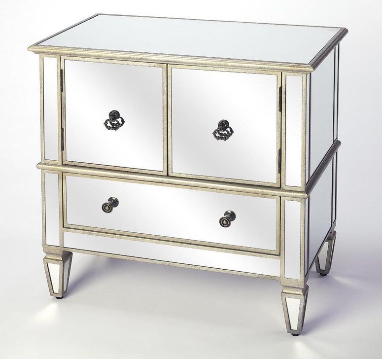 The appearance of Butler Celeste Mirrored Console Cabinet designed by Butler Specialty Company in the transitional interior design. This silver piece of furniture  was selected by 1StopBedrooms from Masterpiece Collection to add a touch of cosiness and style into your home. Sku: 2613146. Material: Glass. Product Type: Cabinet. Image1