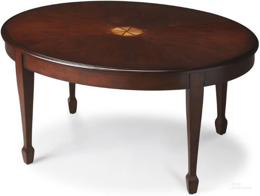 The appearance of Butler Clayton Plantation Cherry Oval Coffee Table designed by Butler Specialty Company in the traditional interior design. This dark brown piece of furniture  was selected by 1StopBedrooms from Plantation Collection to add a touch of cosiness and style into your home. Sku: 1234024. Product Type: Coffee Table. Material: MDF. Image1