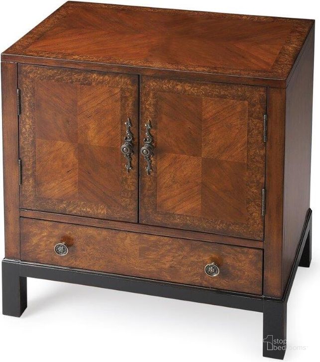 The appearance of Butler Courtland Cherry and Burl Accent Cabinet designed by Butler Specialty Company in the traditional interior design. This medium brown piece of furniture  was selected by 1StopBedrooms from Masterpiece Collection to add a touch of cosiness and style into your home. Sku: 7008225. Material: Wood. Product Type: Accent Cabinet. Image1