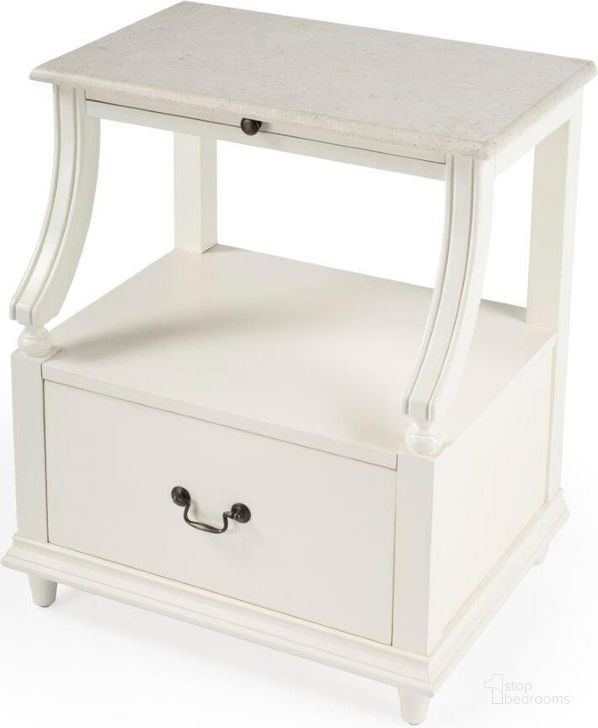 The appearance of Butler Danielle Marble Nightstand 5519288 designed by Butler Specialty Company in the transitional interior design. This white piece of furniture  was selected by 1StopBedrooms from Masterpiece Collection to add a touch of cosiness and style into your home. Sku: 5519288. Material: Marble. Product Type: Nightstand. Image1