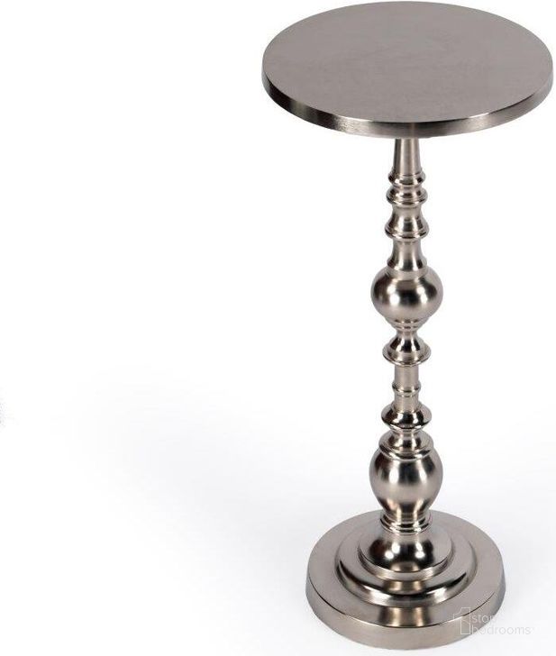 The appearance of Butler Darien Round Nickel Pedestal End Table designed by Butler Specialty Company in the transitional interior design. This silver piece of furniture  was selected by 1StopBedrooms from Darien Collection to add a touch of cosiness and style into your home. Sku: 4324220. Product Type: End Table. Material: Aluminium. Image1
