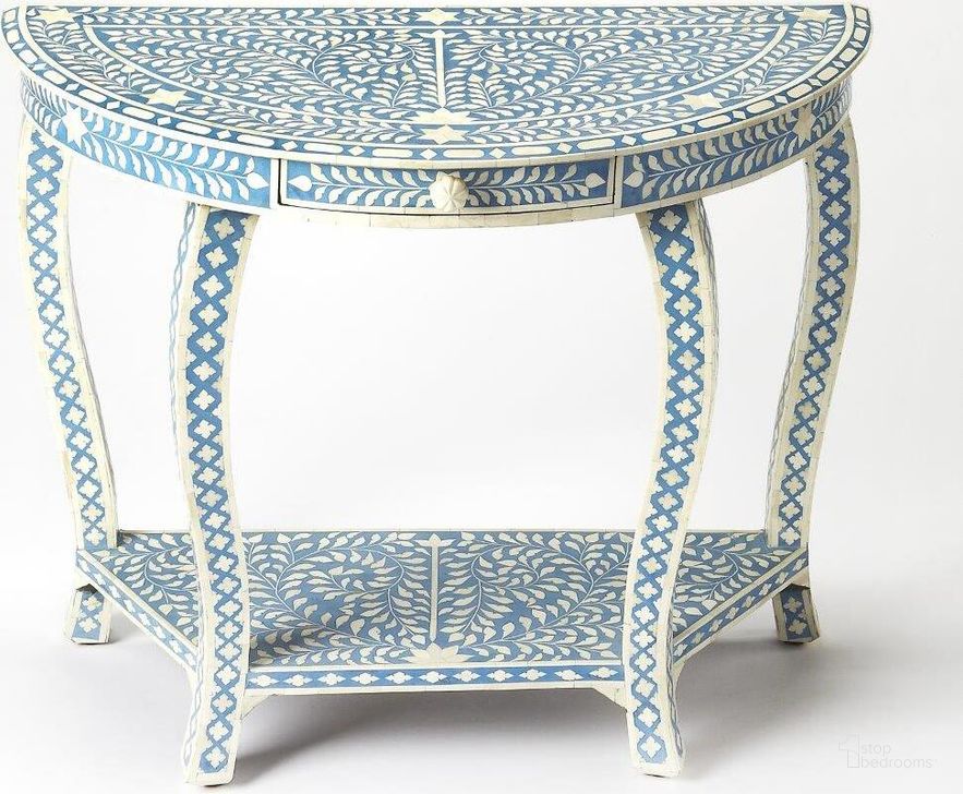 The appearance of Butler Darrieux Blue Bone Inlay Demilune Console Table designed by Butler Specialty Company in the traditional interior design. This blue piece of furniture  was selected by 1StopBedrooms from Bone Inlay Collection to add a touch of cosiness and style into your home. Sku: 3881319. Material: Wood. Product Type: Console Table. Image1
