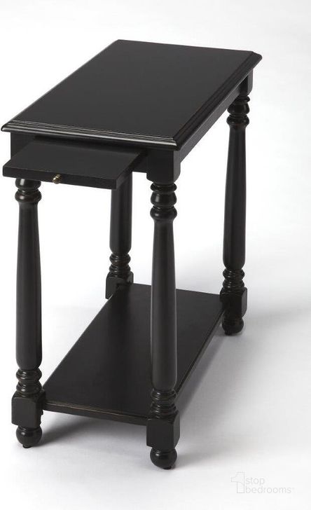 The appearance of Butler Devane Black Chairside Table designed by Butler Specialty Company in the transitional interior design. This black piece of furniture  was selected by 1StopBedrooms from Masterpiece Collection to add a touch of cosiness and style into your home. Sku: 5017111. Product Type: Chairside Table. Material: Rubberwood. Image1