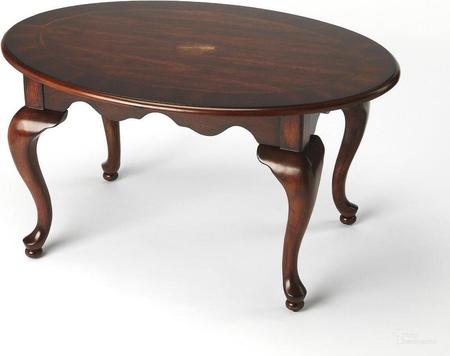 The appearance of Butler Grace Plantation Cherry Oval Coffee Table designed by Butler Specialty Company in the traditional interior design. This dark brown piece of furniture  was selected by 1StopBedrooms from Plantation Collection to add a touch of cosiness and style into your home. Sku: 3012024. Product Type: Coffee Table. Material: Rubberwood. Image1