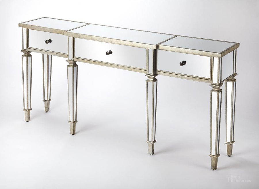 The appearance of Butler Hayworth Mirrored Console Table designed by Butler Specialty Company in the transitional interior design. This silver piece of furniture  was selected by 1StopBedrooms from Masterpiece Collection to add a touch of cosiness and style into your home. Sku: 5337146. Material: Wood. Product Type: Console Table. Image1