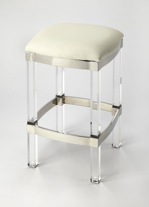 The appearance of Butler Jordan Acrylic and White Leather Counter Stool designed by Butler Specialty Company in the modern / contemporary interior design. This white piece of furniture  was selected by 1StopBedrooms from Loft Collection to add a touch of cosiness and style into your home. Sku: 5322411. Material: Leather. Product Type: Barstool. Image1
